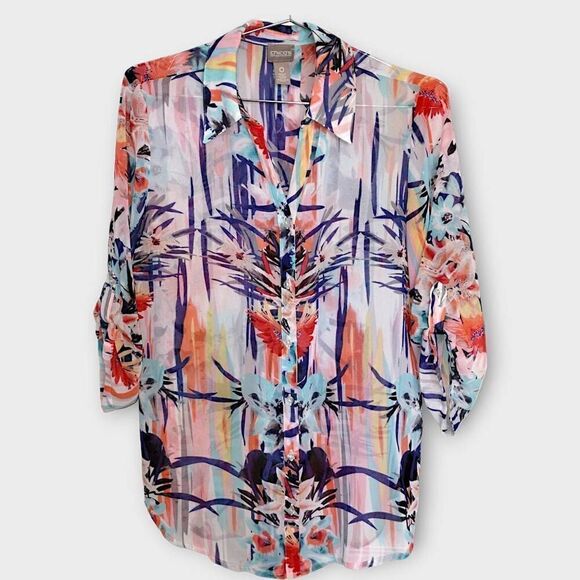 Chicos Womens Top Sz 6 Orange Blue Button Blouse Chiffon Long Sleeves Bright‎ - Picture 1 of 11